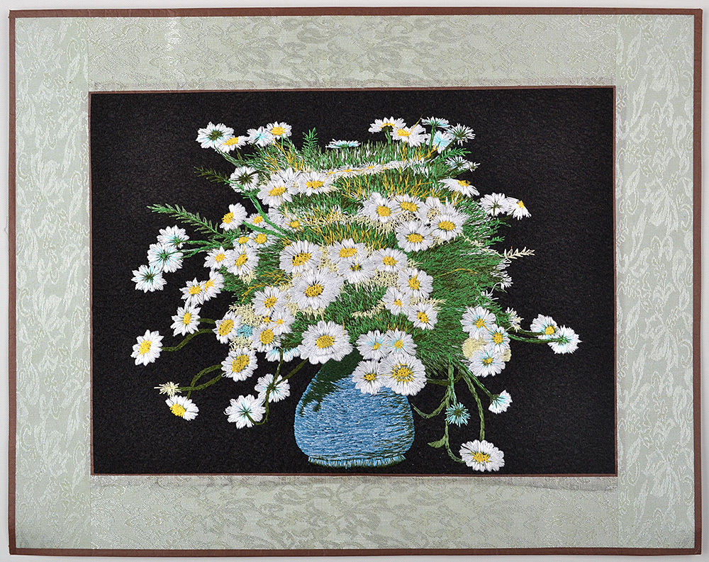 READY TO FRAME! 18" BROCADED SILK EMBROIDERY PIECE : DAISIES ZEN ART STILL LIFE