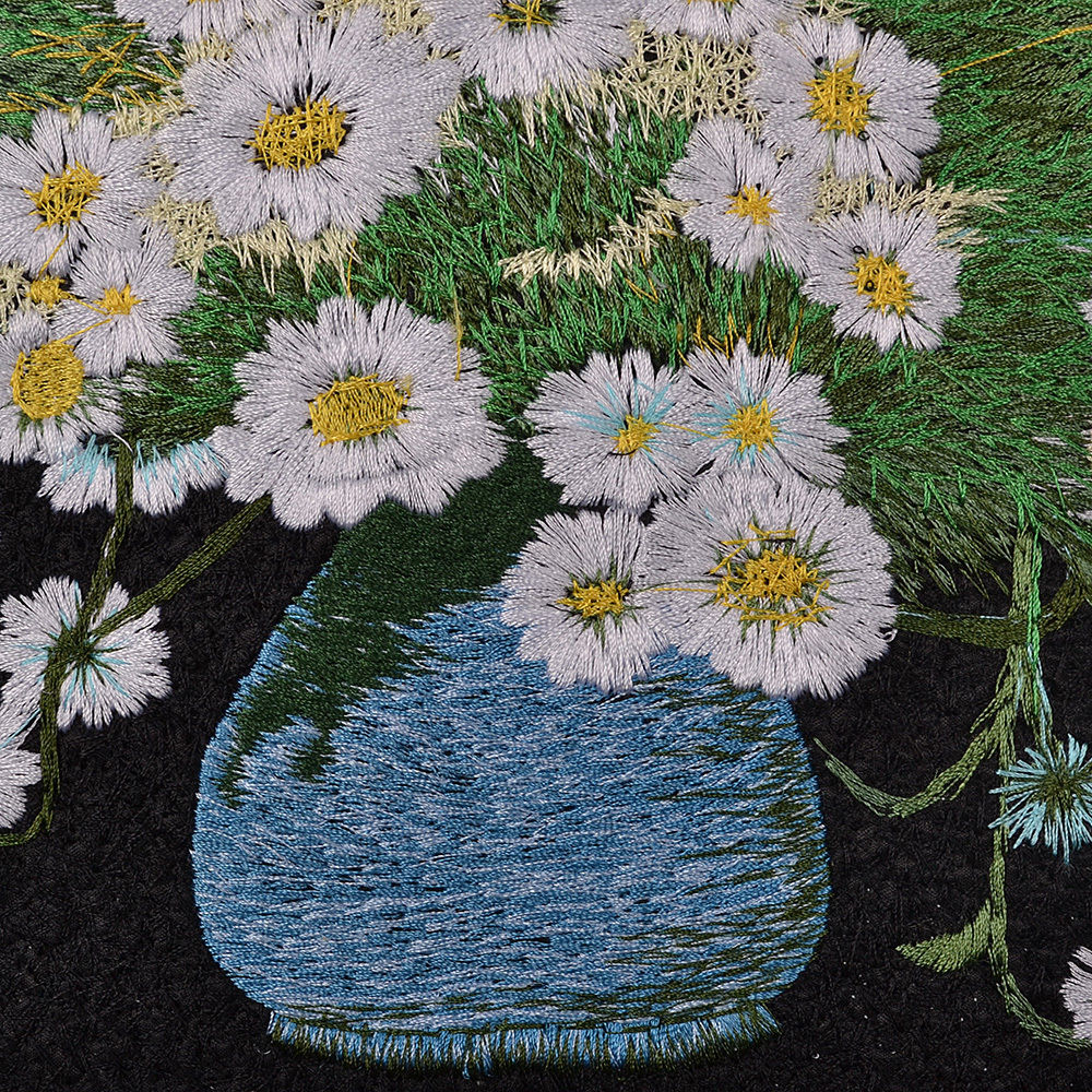 READY TO FRAME! 18" BROCADED SILK EMBROIDERY PIECE : DAISIES ZEN ART STILL LIFE