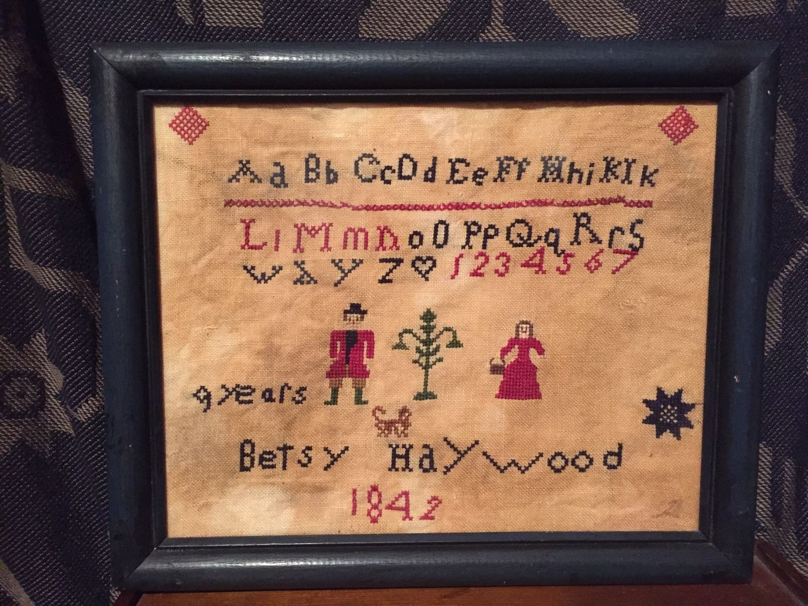 Primitive Folk Art Federal Blue Framed Alphabet Stitch Child's Sampler AAFA