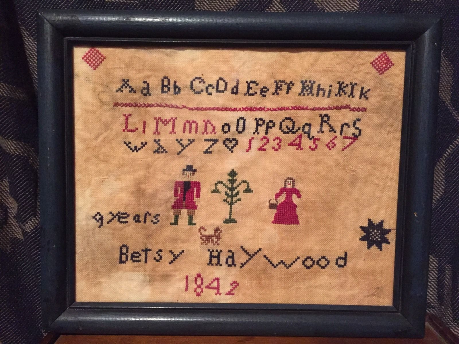 Primitive Folk Art Federal Blue Framed Alphabet Stitch Child's Sampler AAFA