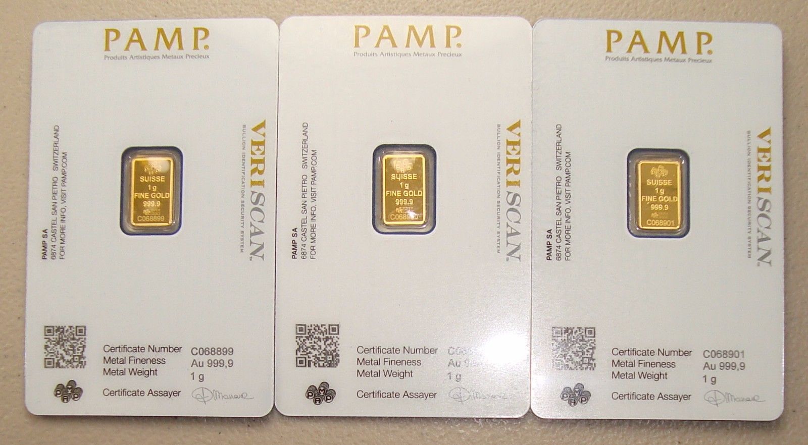 Lot of (3) Pamp Suisse .9999 Fine 1 Gram Gold Bullion Bars