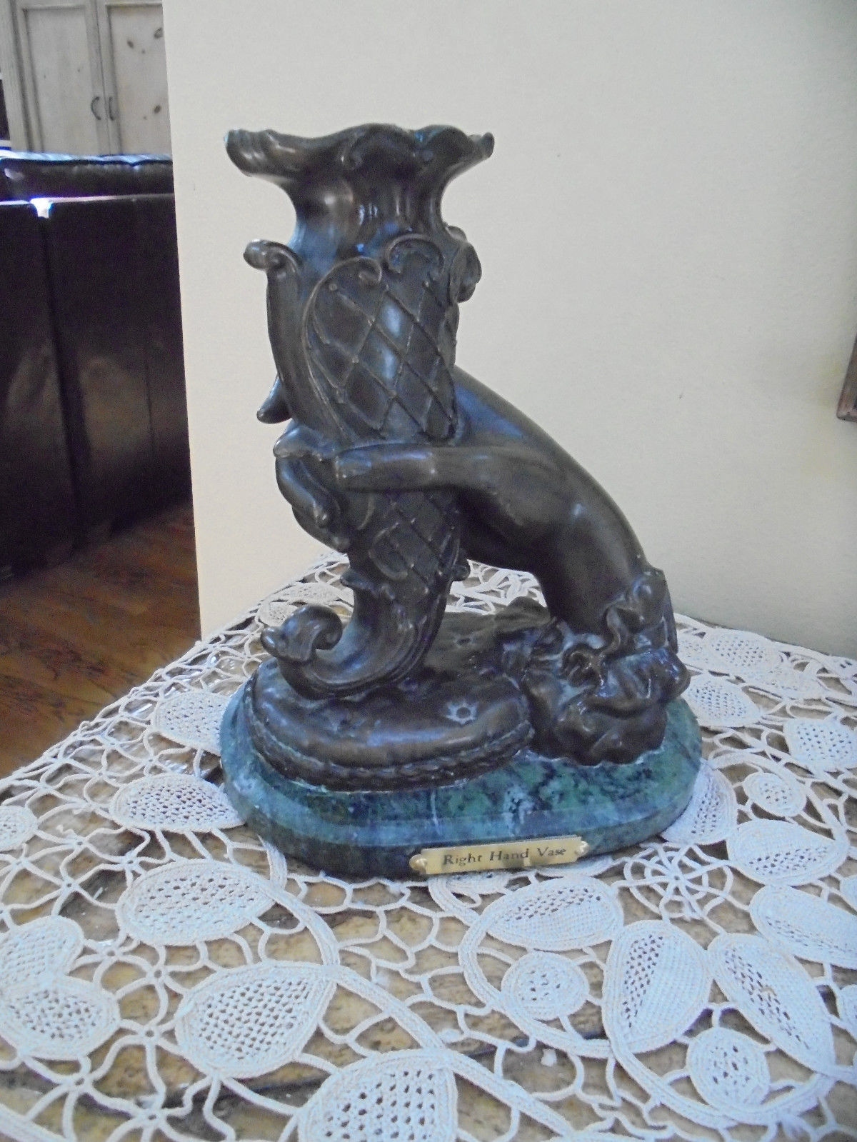 Vintage 20th Century Bronze Right Hand Holding Vase Sculpture With Marble Base