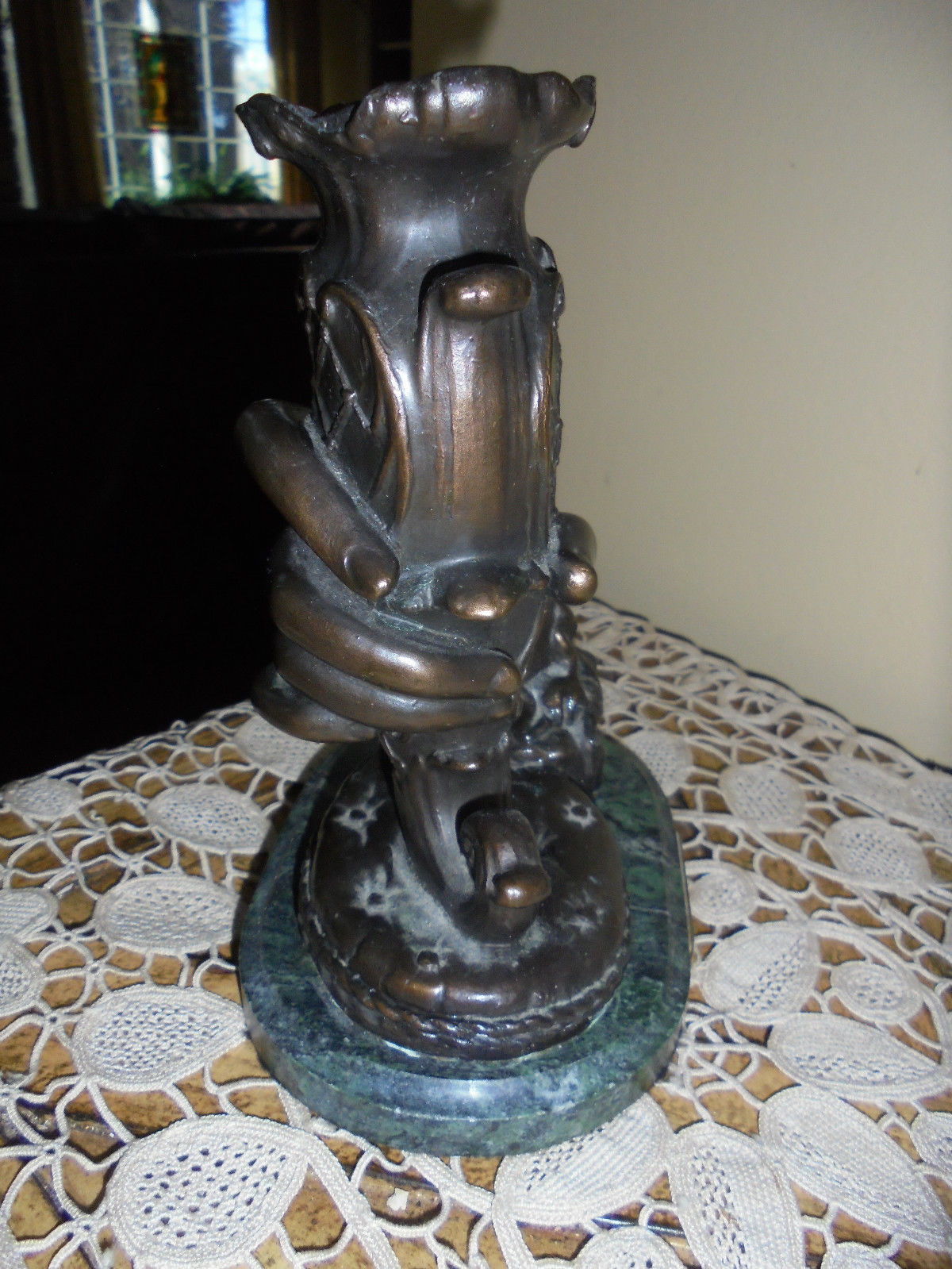 Vintage 20th Century Bronze Right Hand Holding Vase Sculpture With Marble Base