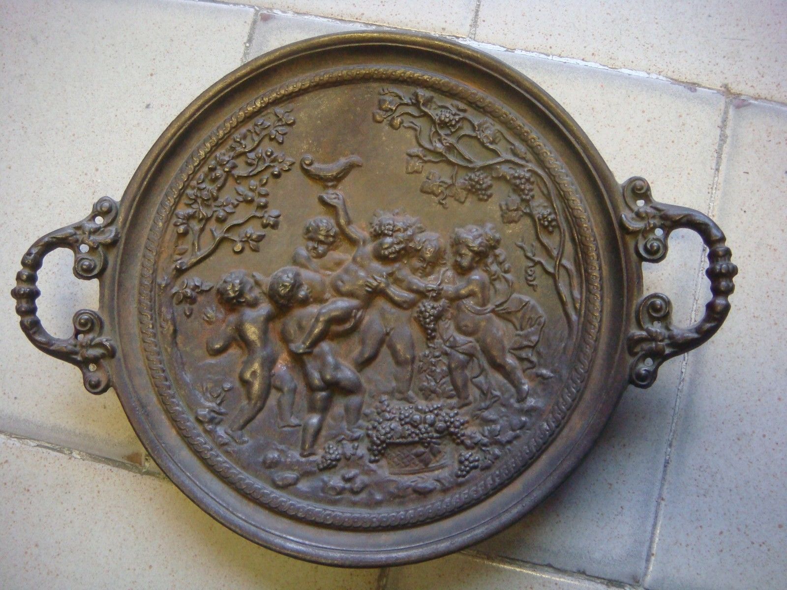 RRR RARE Antique Iron Art - Cast Iron dish with angels