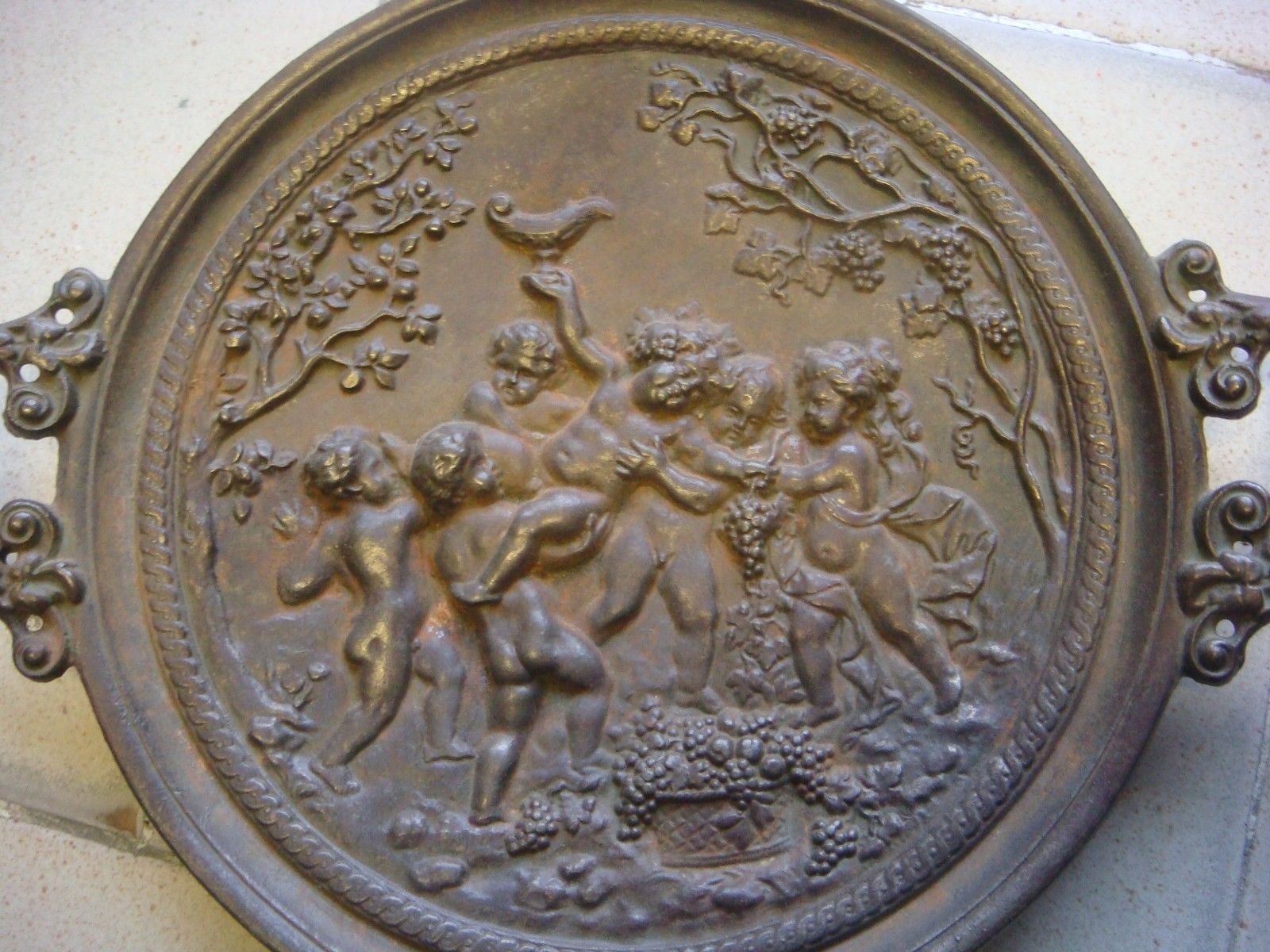 RRR RARE Antique Iron Art - Cast Iron dish with angels