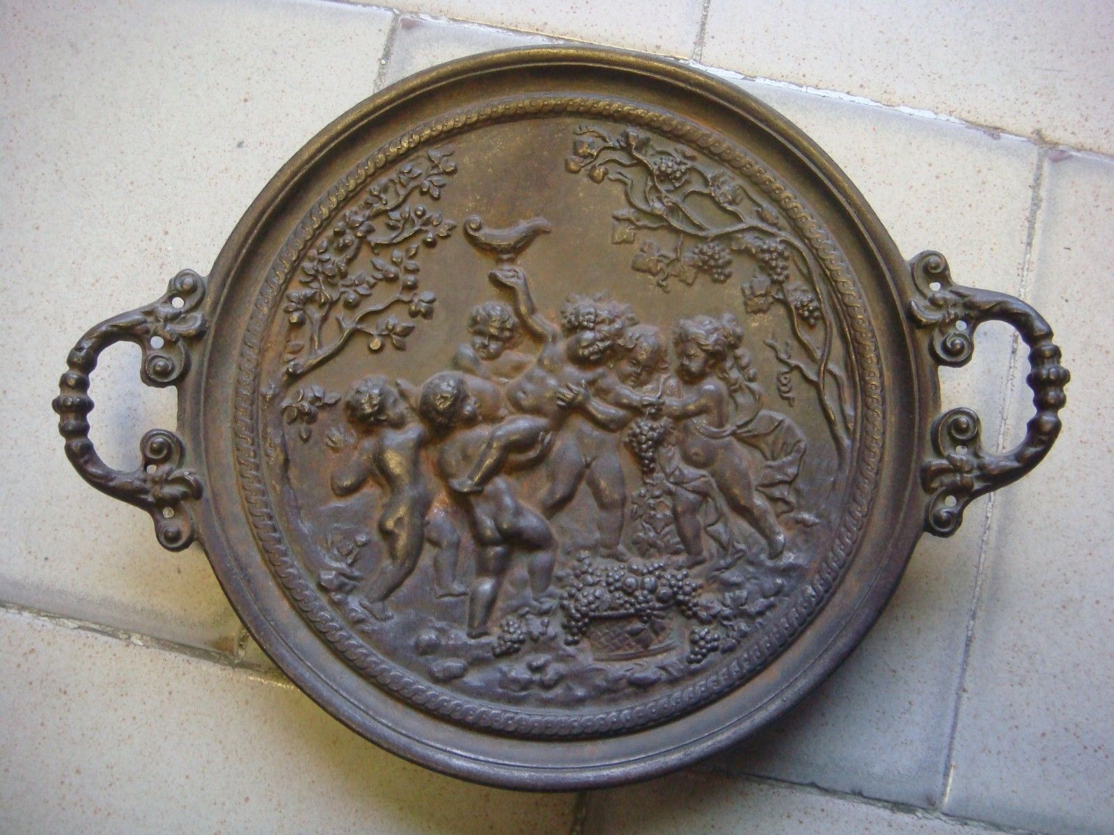 RRR RARE Antique Iron Art - Cast Iron dish with angels