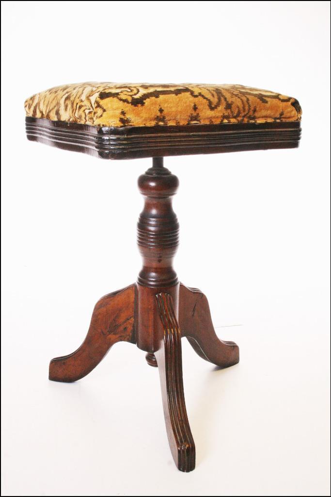 Antique PIANO STOOL adjutable swivel carved wood Victorian upholstered vintage