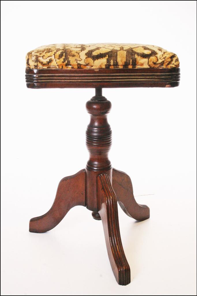 Antique PIANO STOOL adjutable swivel carved wood Victorian upholstered vintage