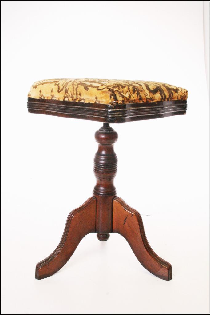 Antique PIANO STOOL adjutable swivel carved wood Victorian upholstered vintage