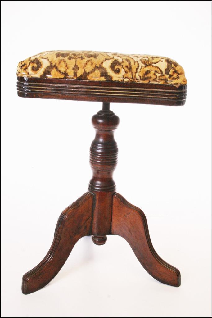 Antique PIANO STOOL adjutable swivel carved wood Victorian upholstered vintage