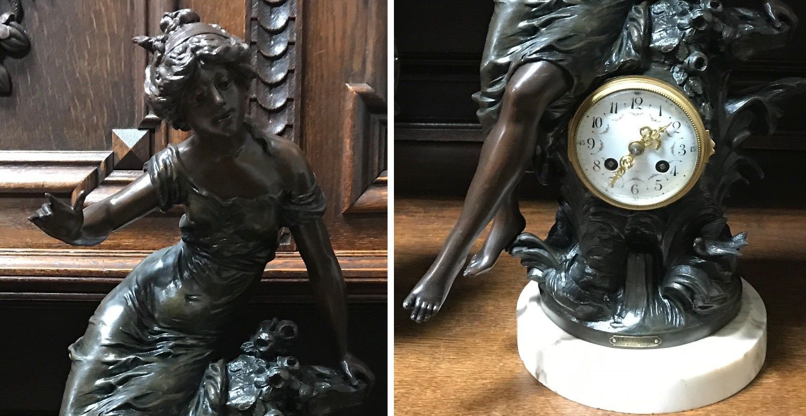 ANTIQUE FRENCH FIGURAL MANTEL CLOCK SET WITH VASES  France 1890