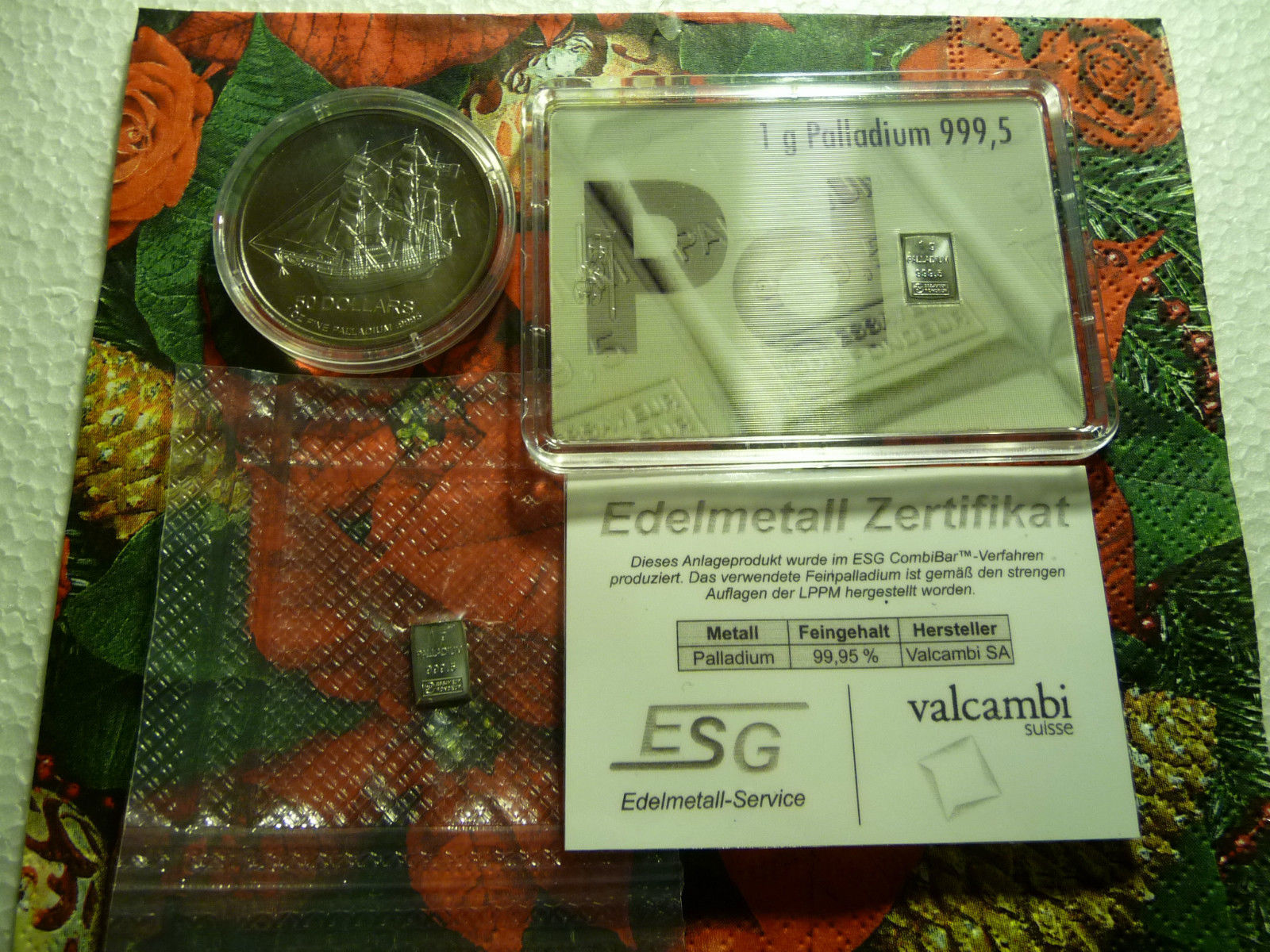 3x Palladium 1oz Cook Islands + 2x 1g Palladium Bullion in Capsule + Certificate