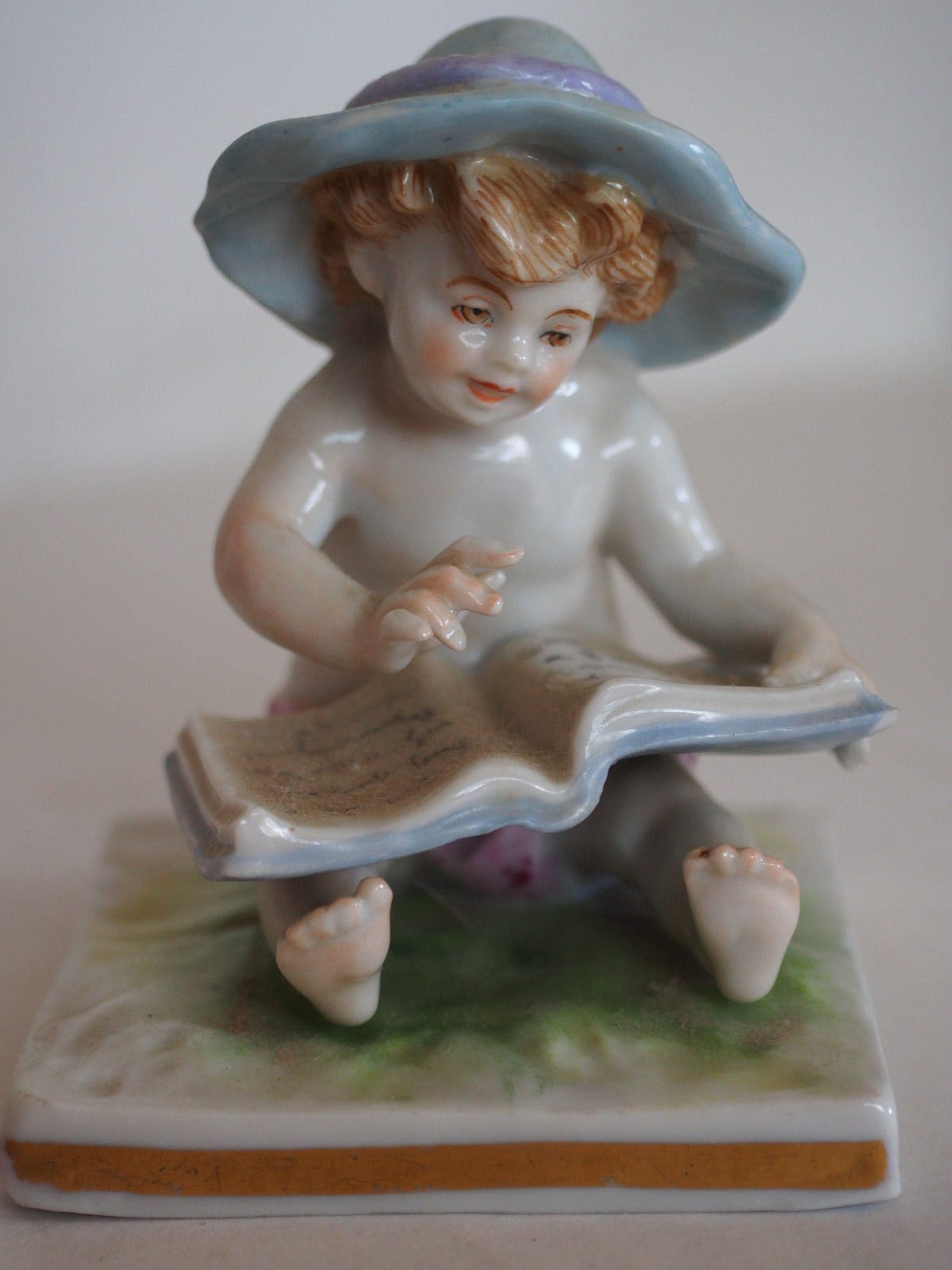 Fine Antique German Boy Child Holding Reads Big Book Hand Painted Marked Figure