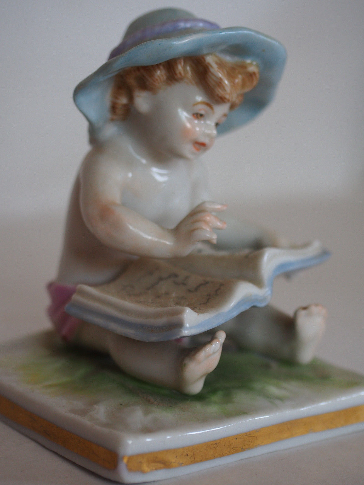 Fine Antique German Boy Child Holding Reads Big Book Hand Painted Marked Figure