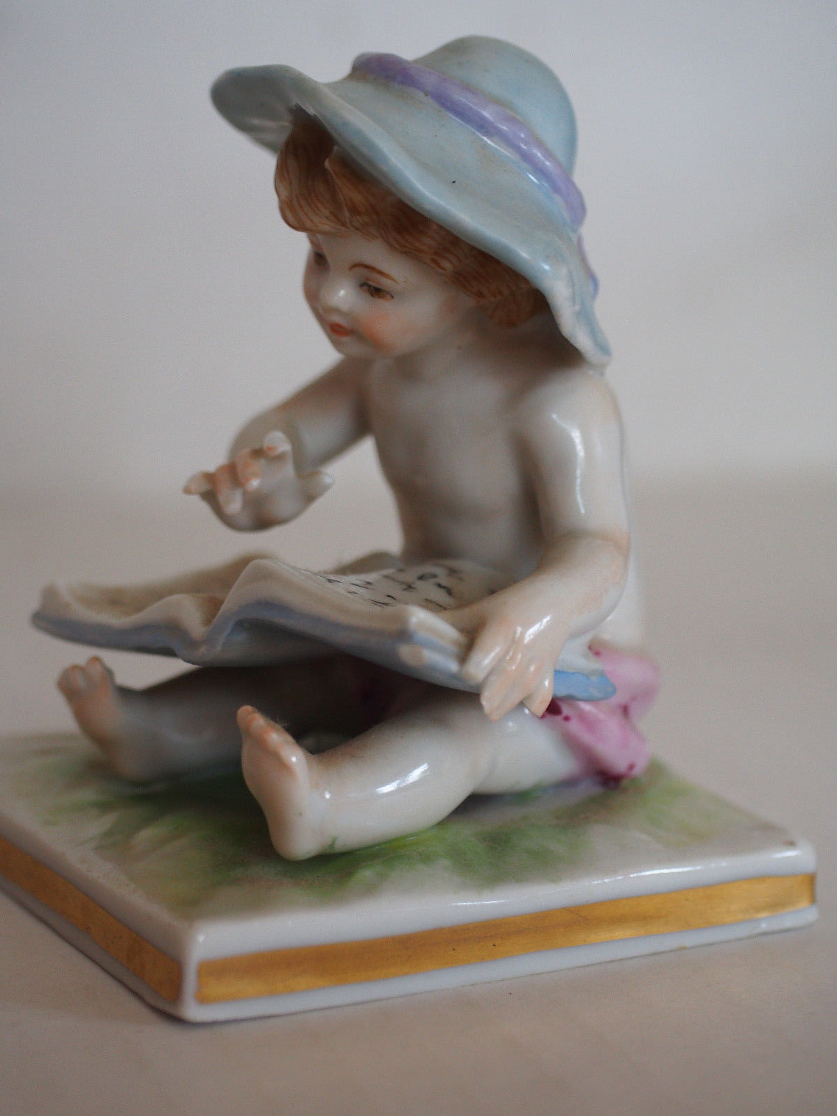 Fine Antique German Boy Child Holding Reads Big Book Hand Painted Marked Figure