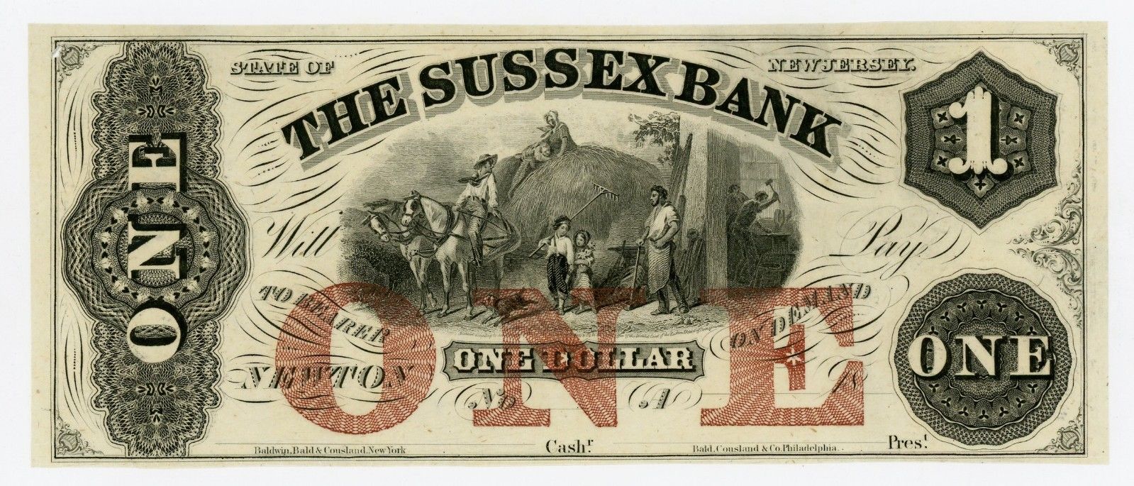 1800's $1 The Sussex Bank - Newton, NEW JERSEY Note AU