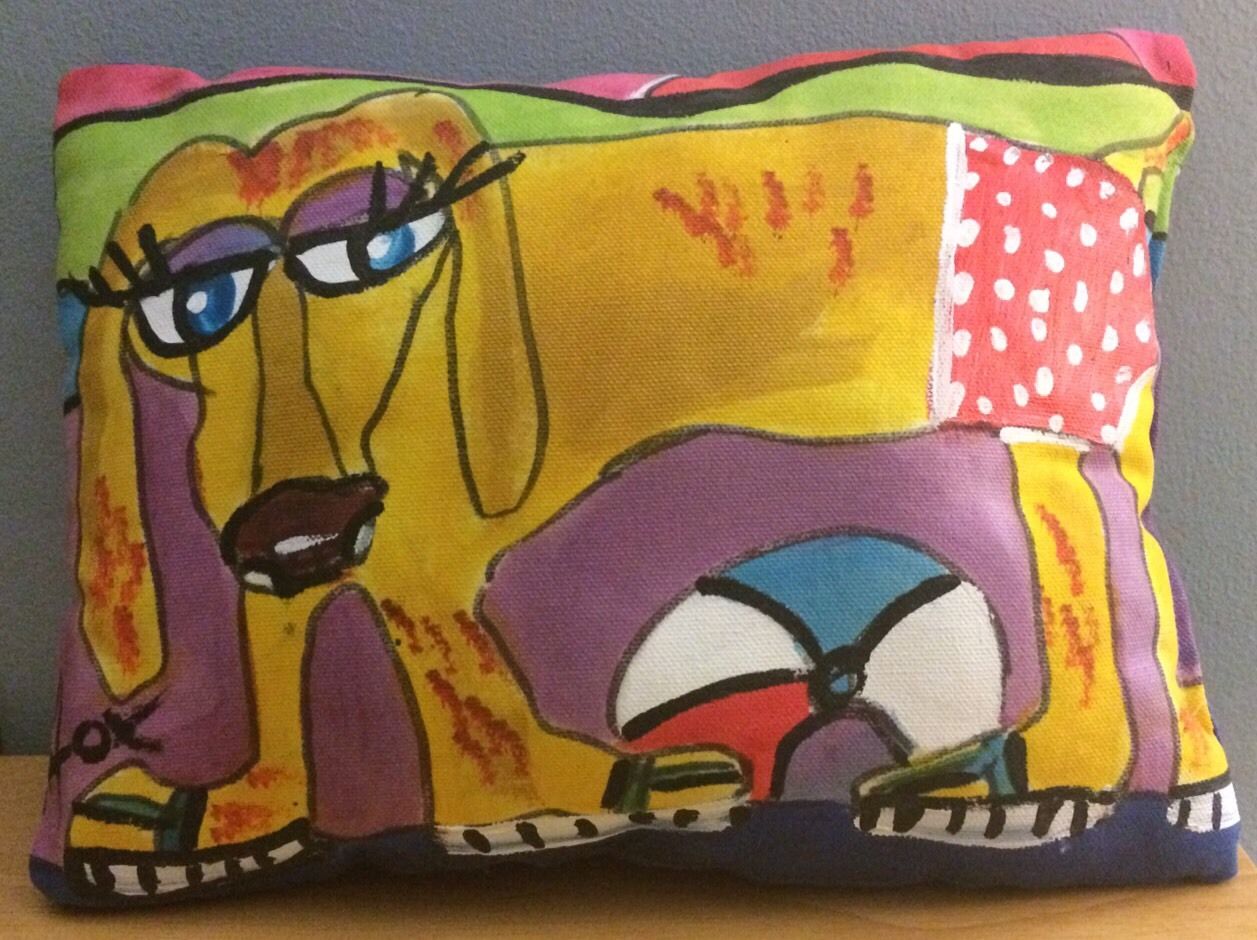 Hand Painted Signed Dog On The Beach Art Throw Pillow