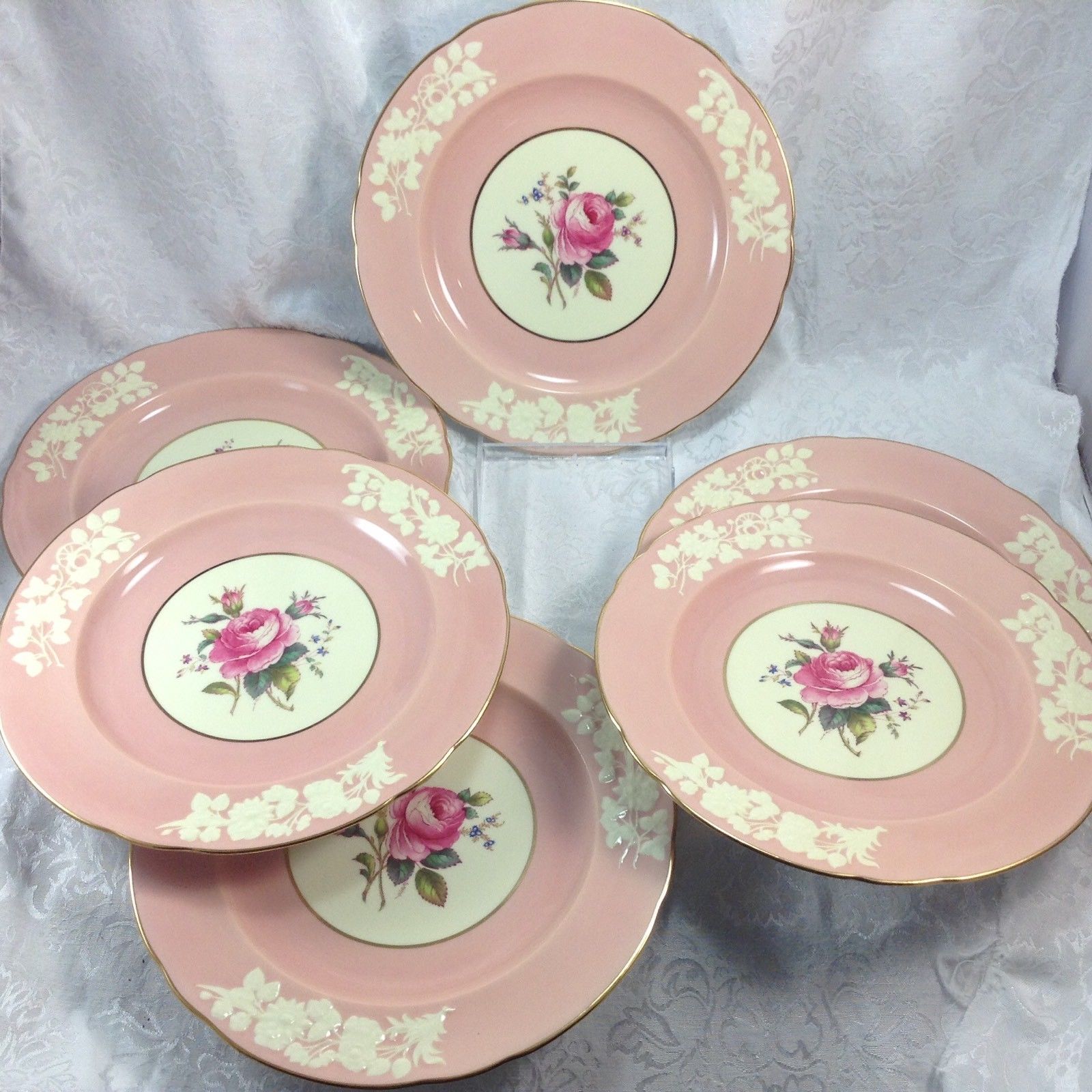 Set of 6 Copeland Spode Pink White Maritime Rose 10.75” Dinner Plates Lot Rare