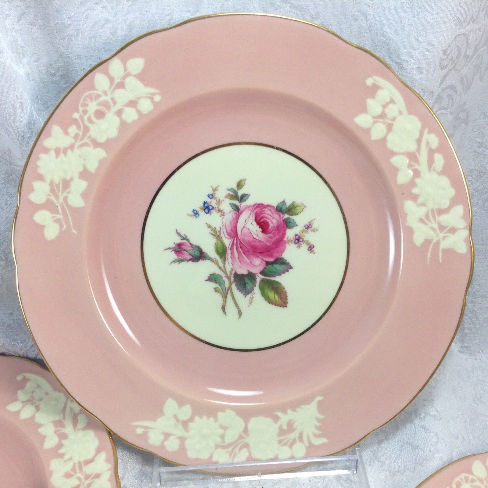 Set of 6 Copeland Spode Pink White Maritime Rose 10.75” Dinner Plates Lot Rare