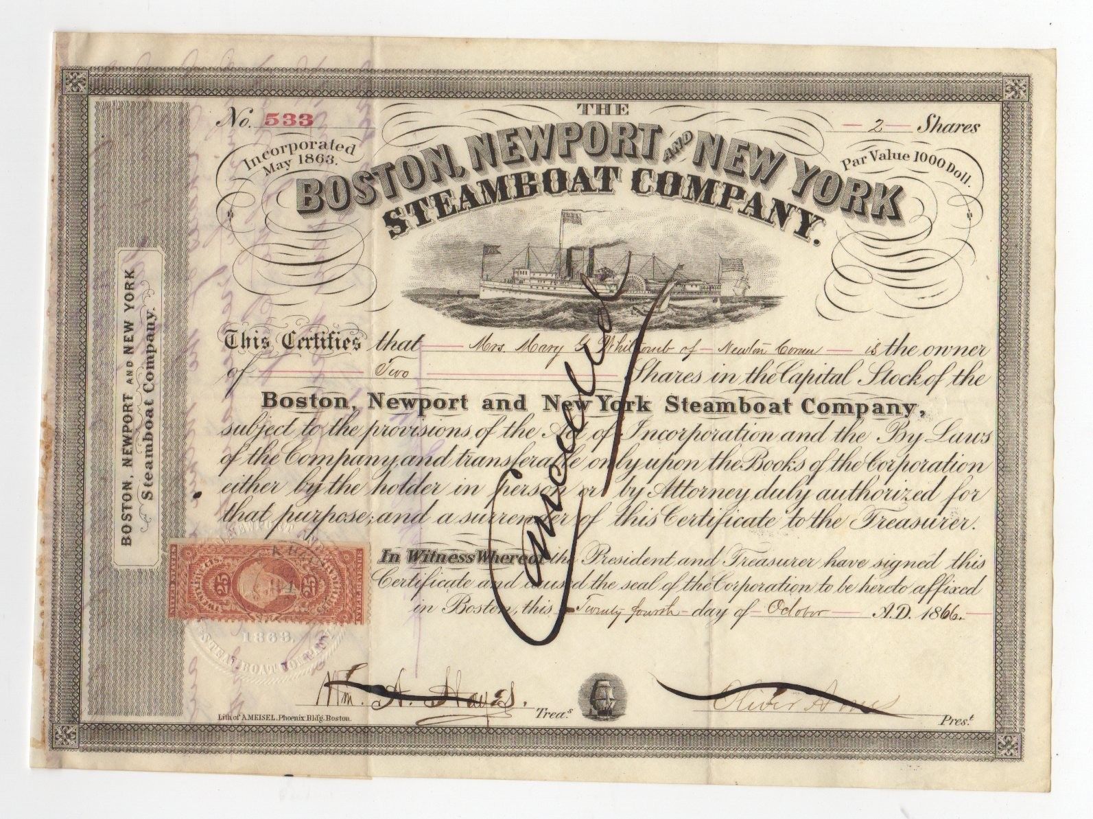 Oliver Ames - Boston, Newport and New York Steamboat Co. Stock Certificate