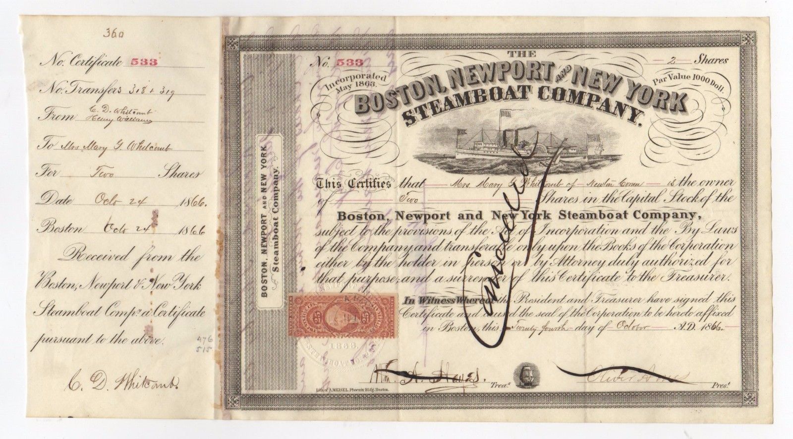 Oliver Ames - Boston, Newport and New York Steamboat Co. Stock Certificate