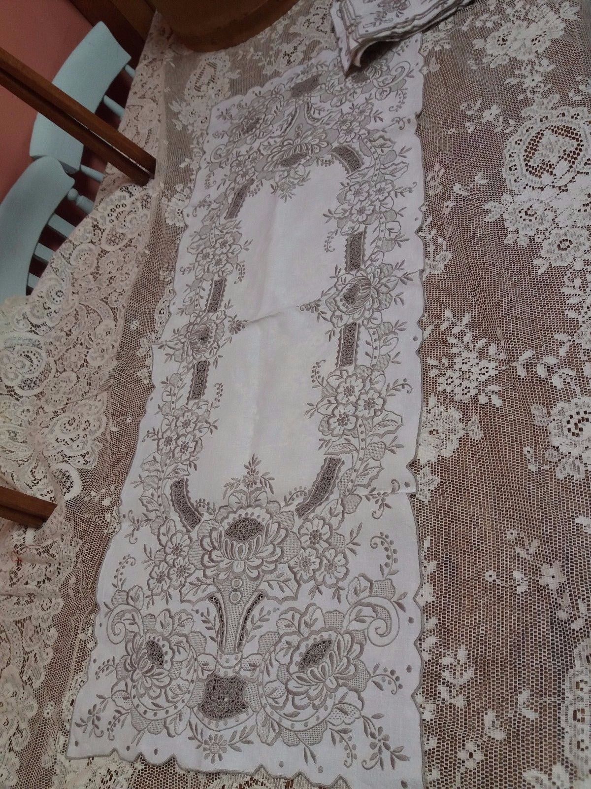 Antique Vintage madeira linen hand embroidery table mat runner set eight places