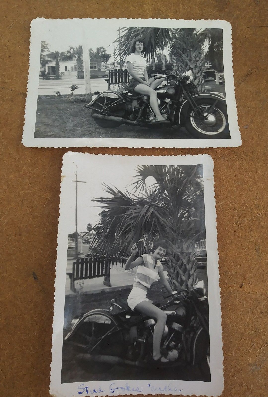 2) 1940s Vintage HARLEY DAVIDSON Motorcycle Photographs Southern Flag FLORIDA