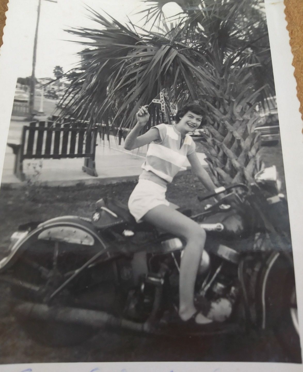 2) 1940s Vintage HARLEY DAVIDSON Motorcycle Photographs Southern Flag FLORIDA