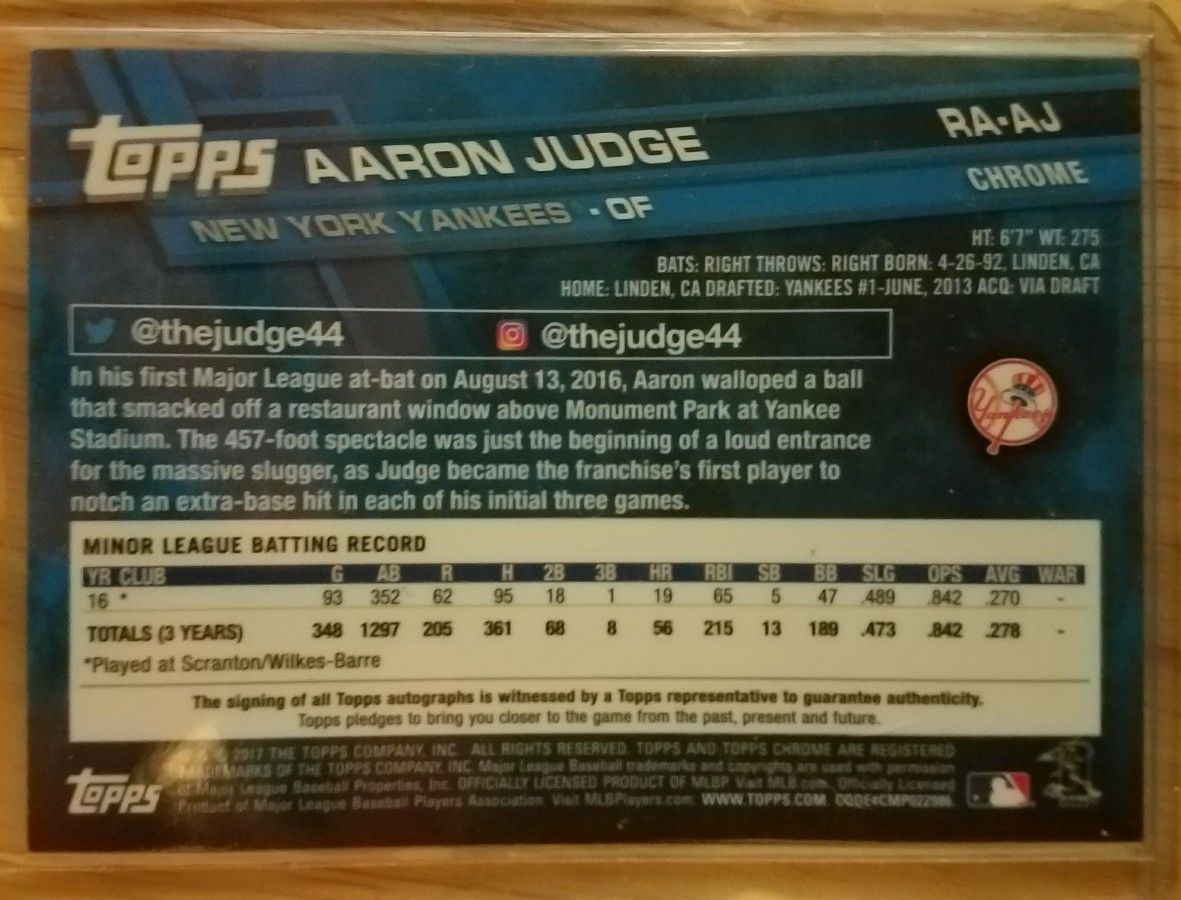 2017 TOPPS CHROME AARON JUDGE RC AUTOGRAPH ROOKIE ON CARD AUTO