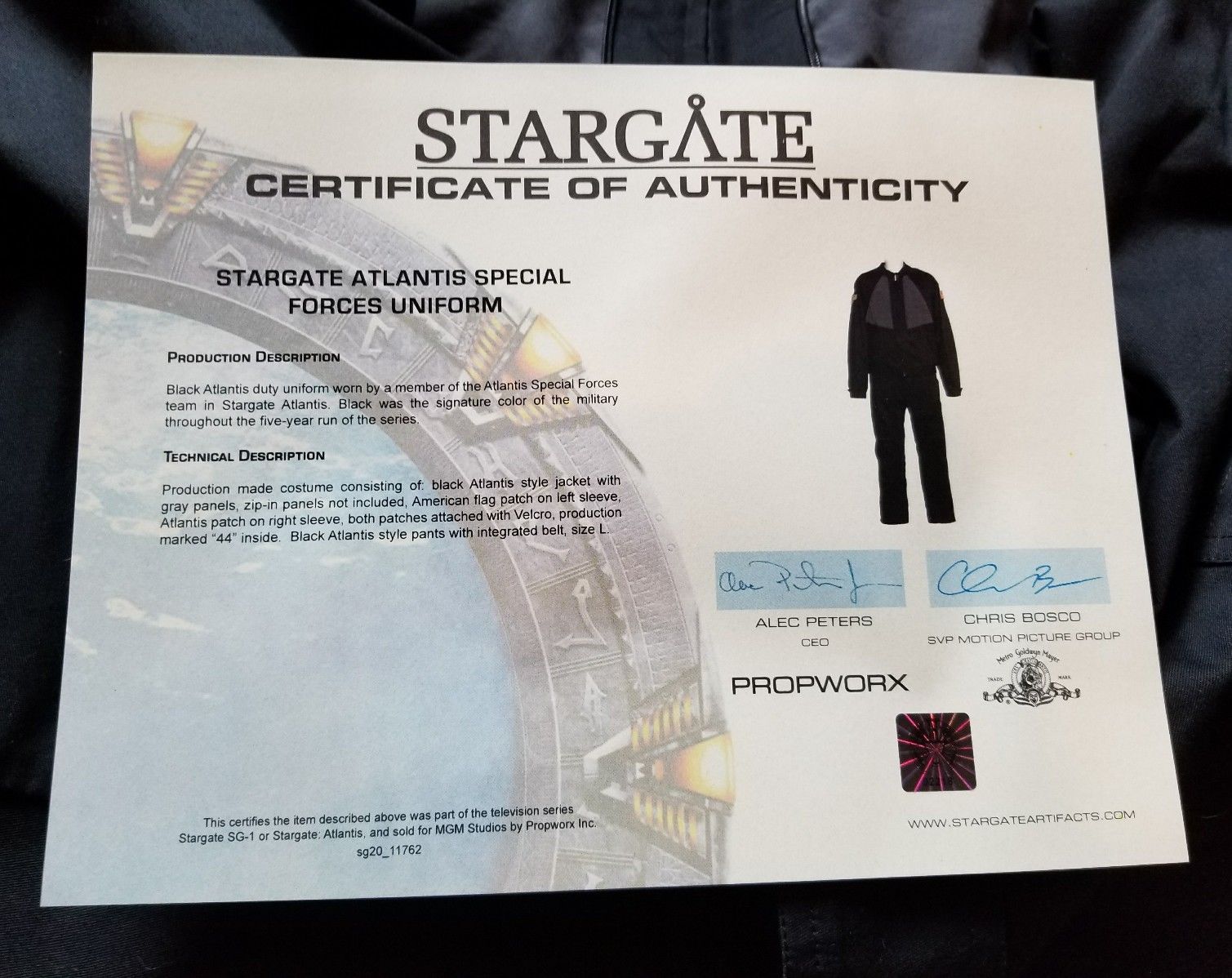 Stargate Atlantis prop screen used jacket and patches W/ COA