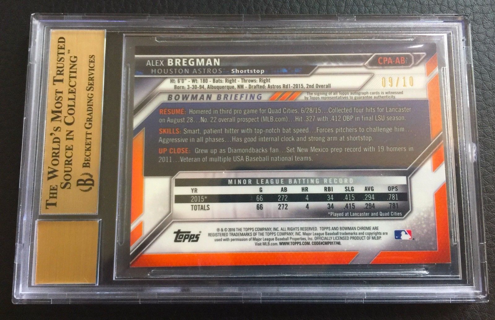 ⚾#/10 Alex Bregman BGS 9.5 GEM 2016 Bowman Chrome Red Shimmer Refractor Auto RC