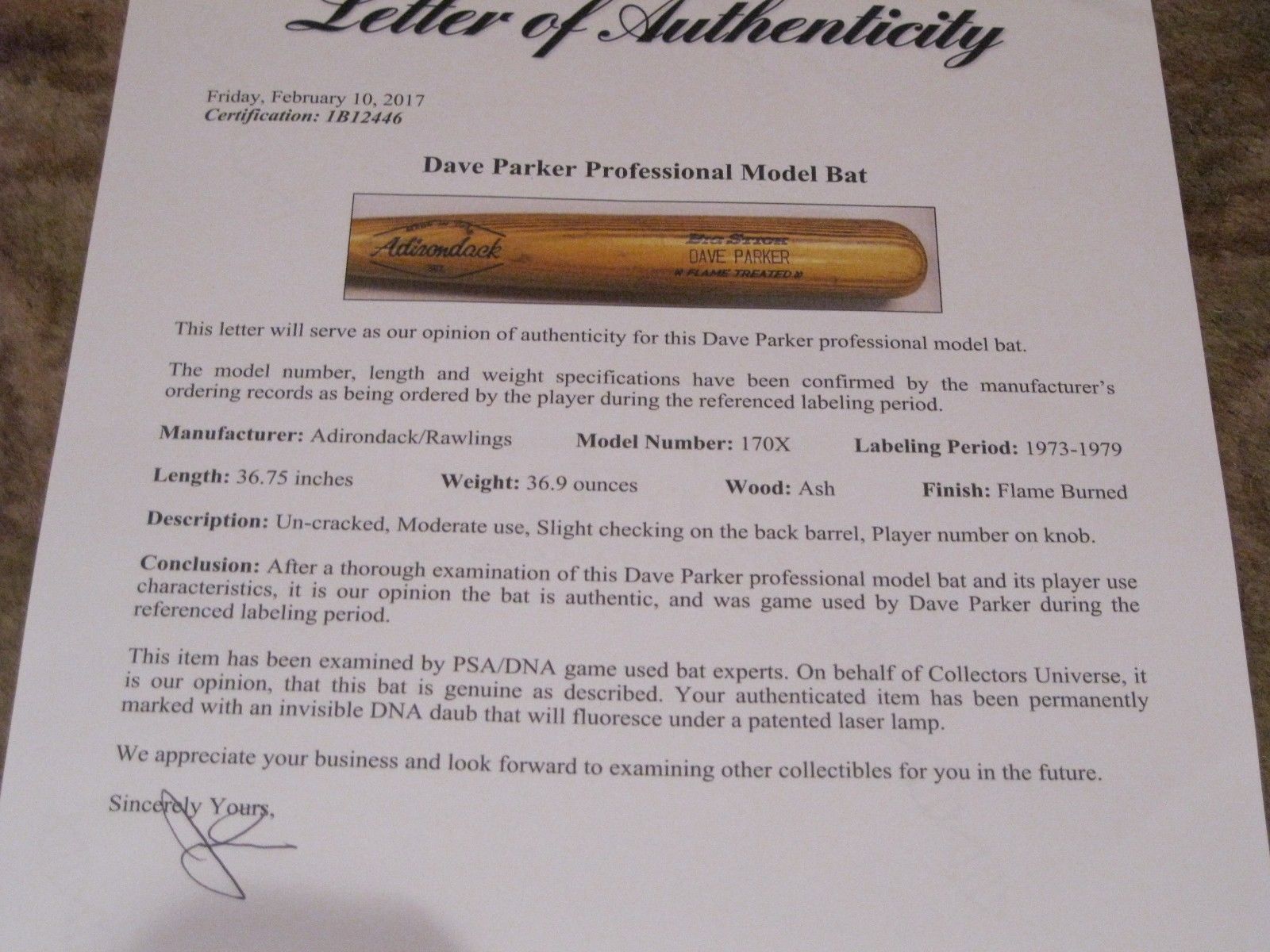 Dave Parker Game Used Adirondack Baseball Bat PSA Certified