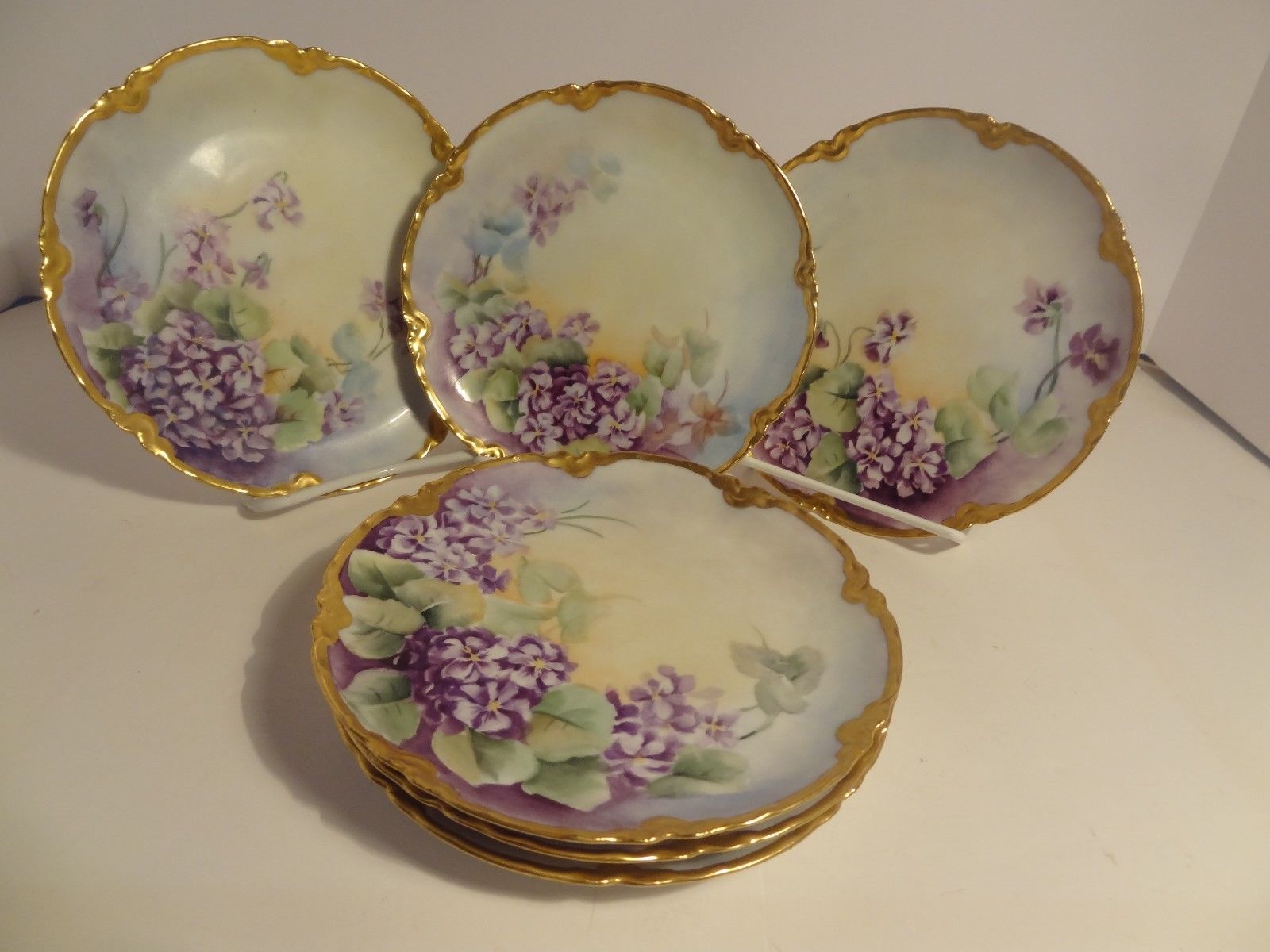 6 Antique Limoges Dessert Plates Hand Painted Lavender Flowers Signed 1907