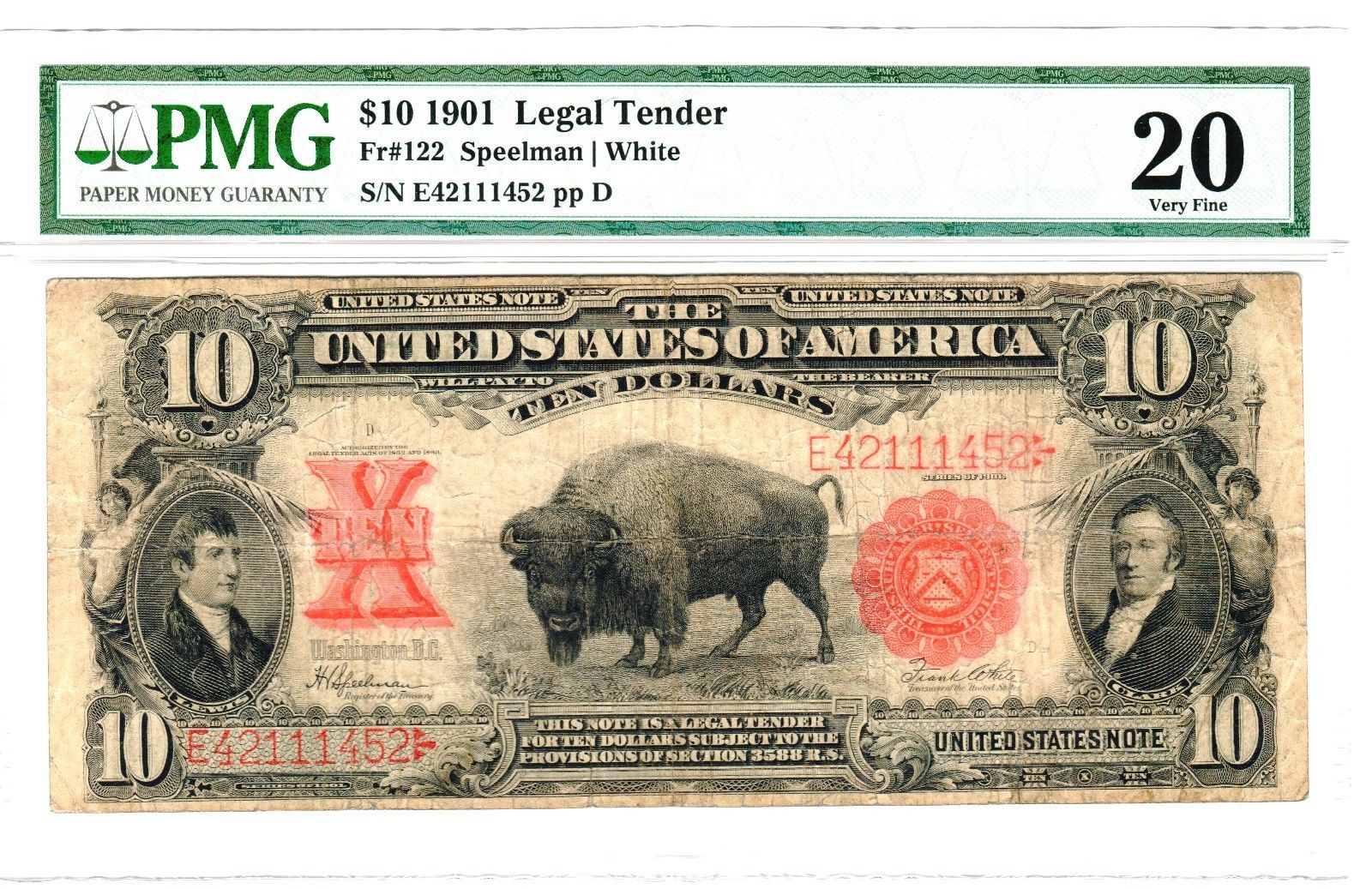 1901 $10 Legal Tender “Bison” Note, Fr. 122, Very Fine (VF-20) Condition (PMG)