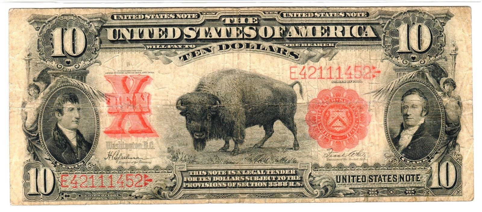 1901 $10 Legal Tender “Bison” Note, Fr. 122, Very Fine (VF-20) Condition (PMG)