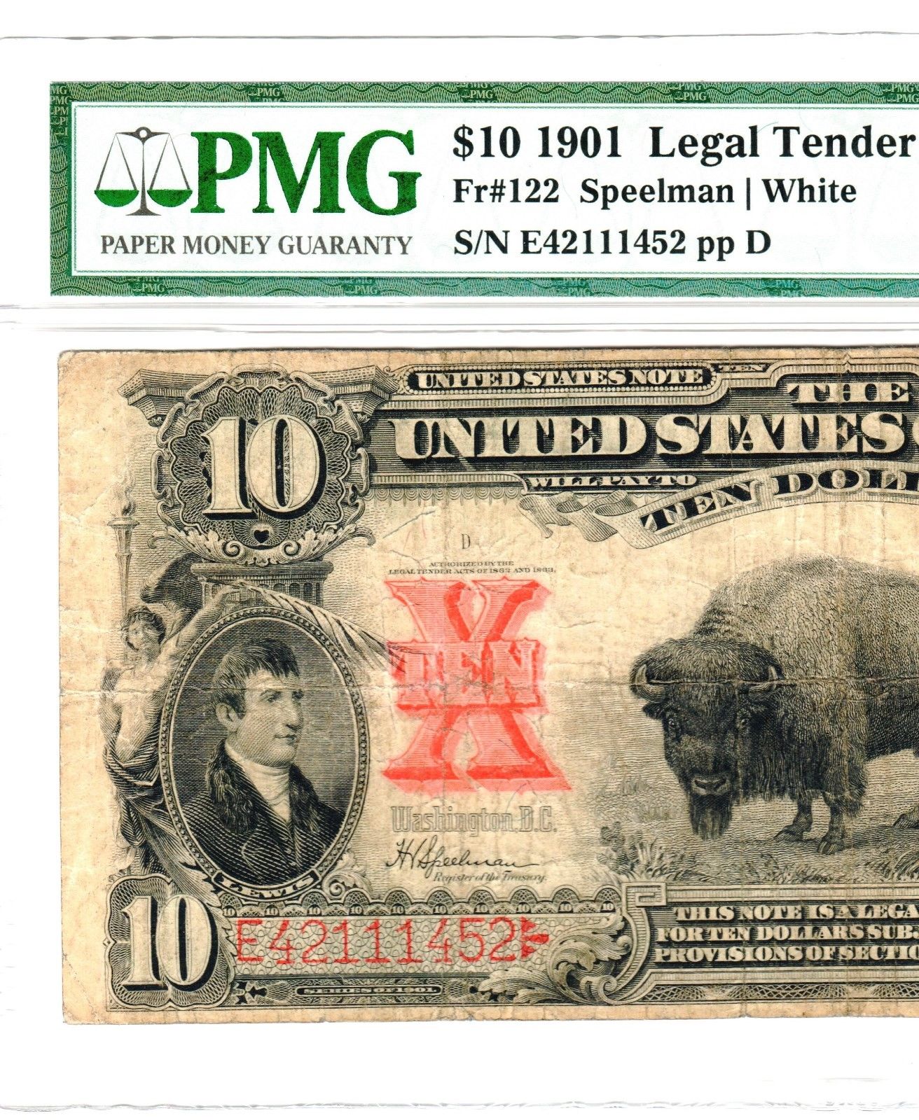 1901 $10 Legal Tender “Bison” Note, Fr. 122, Very Fine (VF-20) Condition (PMG)