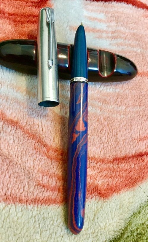 Parker 51 Custom Blue-Red Ebonite Barrel 14k Med/Broad Nib Fountain Pen