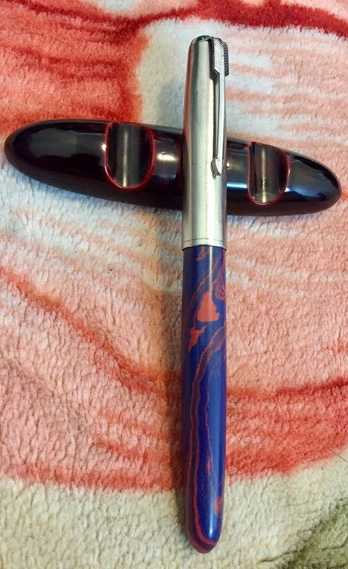 Parker 51 Custom Blue-Red Ebonite Barrel 14k Med/Broad Nib Fountain Pen