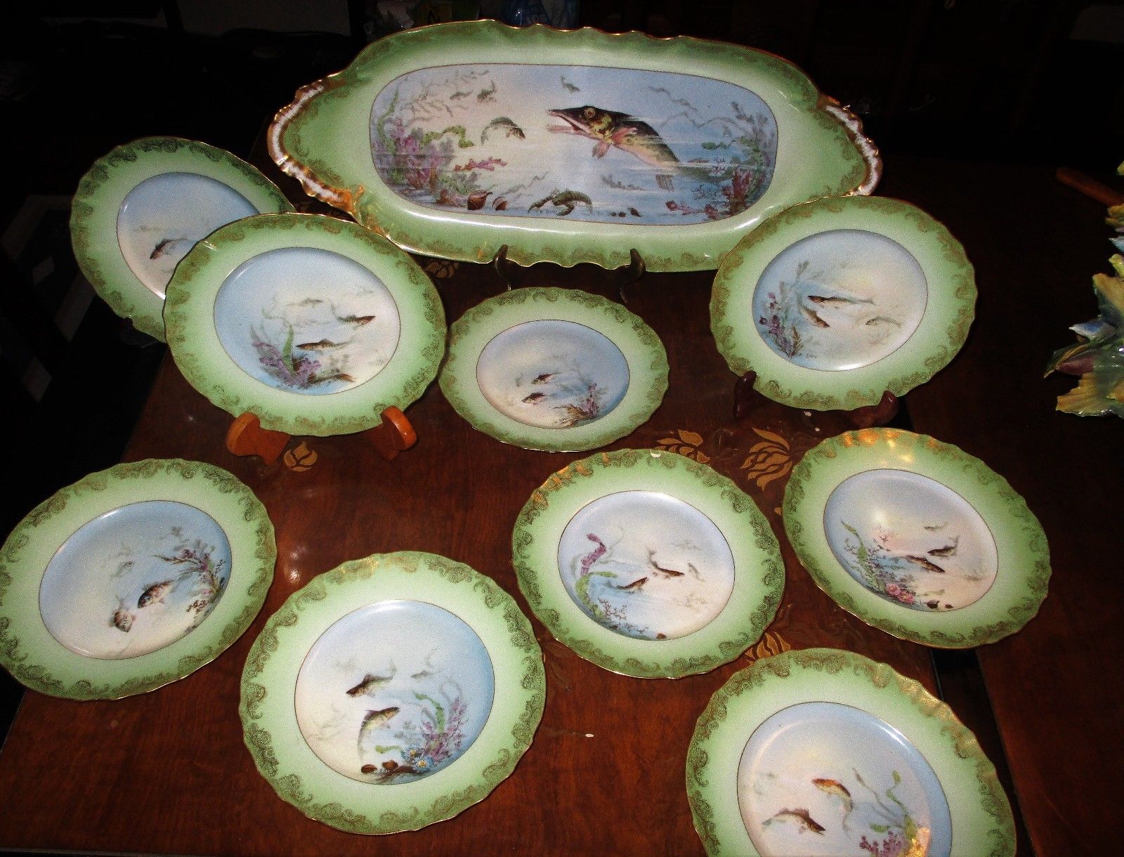 Antique Limoges France Hand painted 23" Fish Platter 10 plate set Scallop Signed