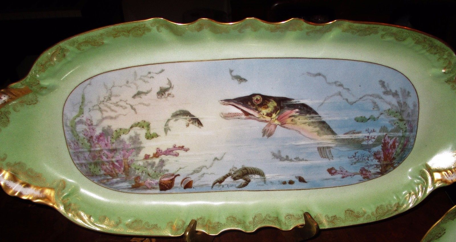 Antique Limoges France Hand painted 23" Fish Platter 10 plate set Scallop Signed