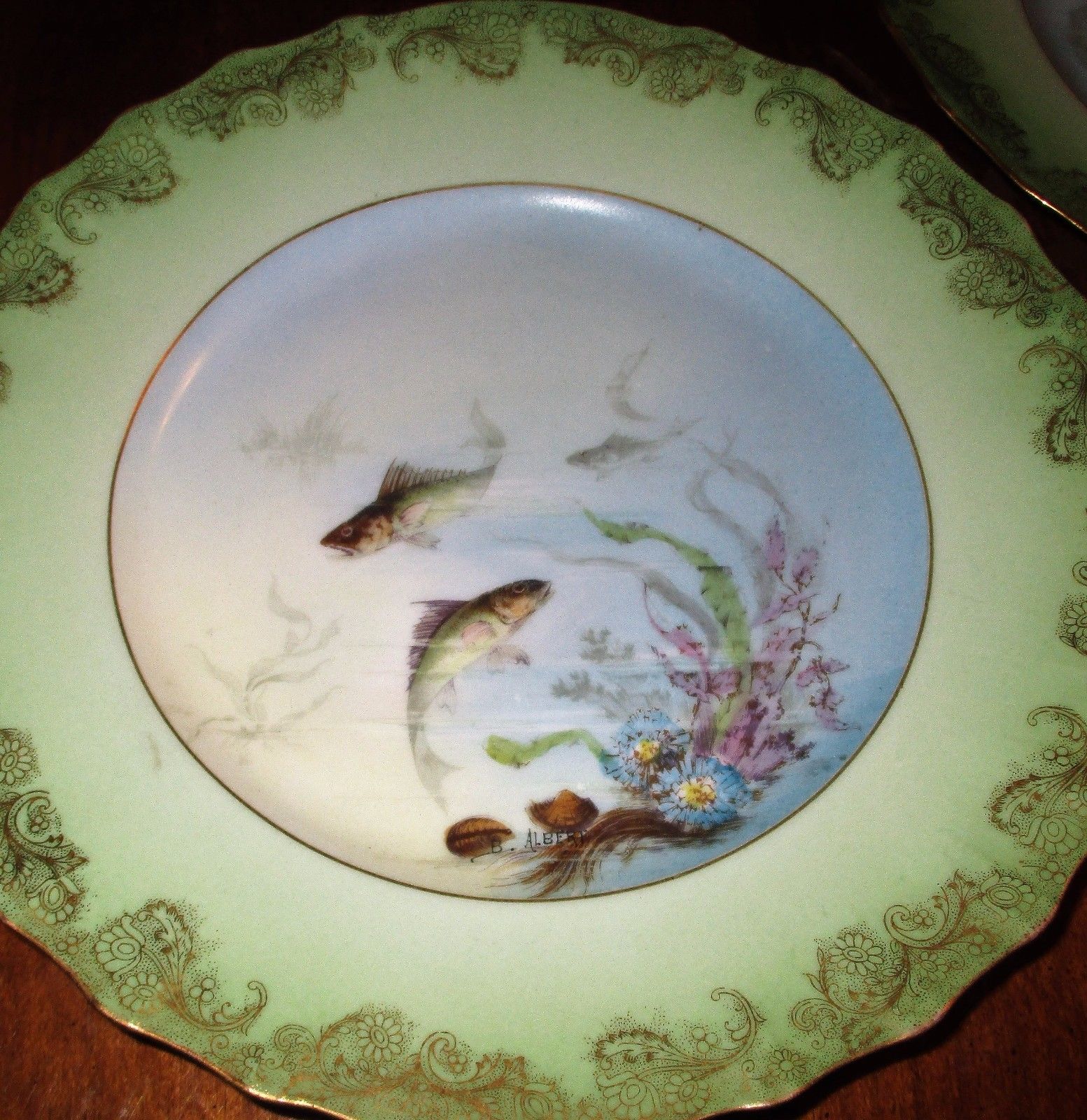 Antique Limoges France Hand painted 23" Fish Platter 10 plate set Scallop Signed