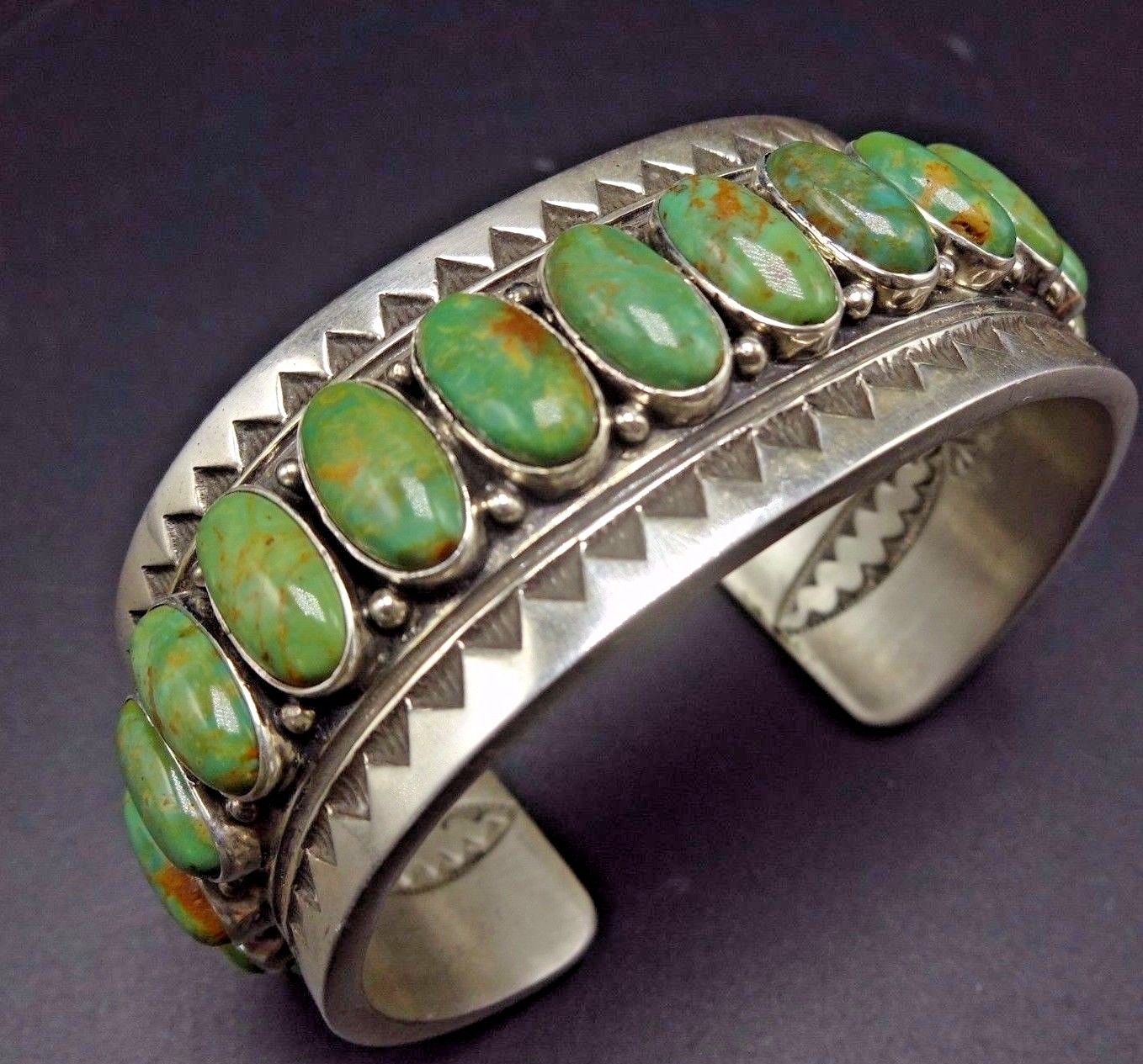 Heavy Vintage NAVAJO Sterling Silver & Green Manassa TURQUOISE Cuff BRACELET