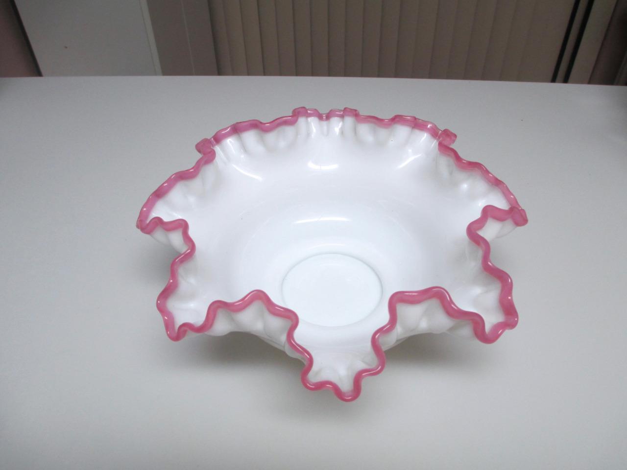 VINTAGE FENTON 10" APPLE BLOSSOM CREST RUFFLED ART GLASS  BOWL