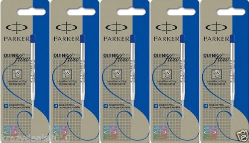 5 x Parker Quink Flow Ball Point Pen Refills, Blue Ink, Medium Tip Nib, 1mm, New