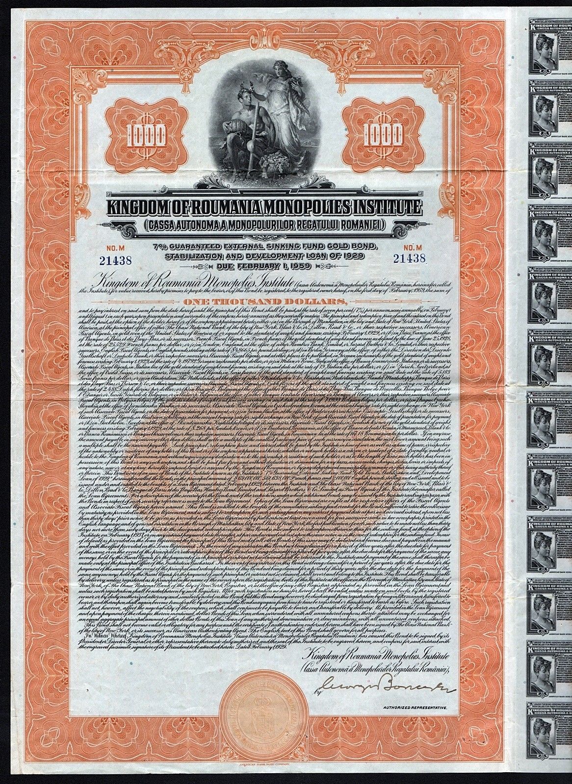 1929 Romania: Kingdom of Roumania Monopolies Institute - $1000 Gold Bond UNC