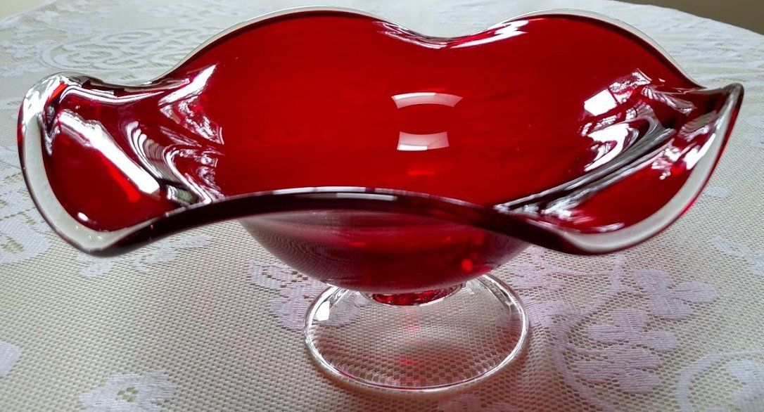 Vintage Art Glass - Ruby Red, Hand Blown, Scalloped, Pedestal Compote Bowl