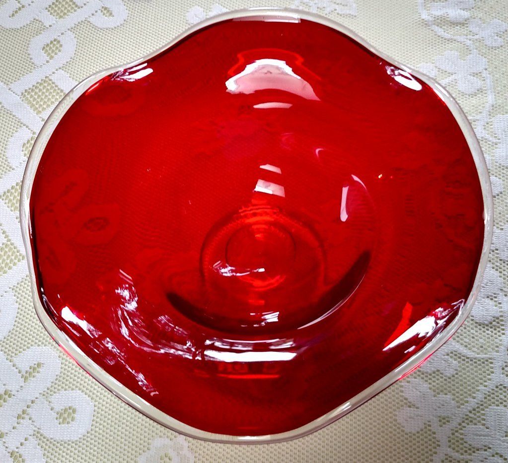 Vintage Art Glass - Ruby Red, Hand Blown, Scalloped, Pedestal Compote Bowl