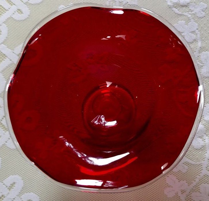 Vintage Art Glass - Ruby Red, Hand Blown, Scalloped, Pedestal Compote Bowl