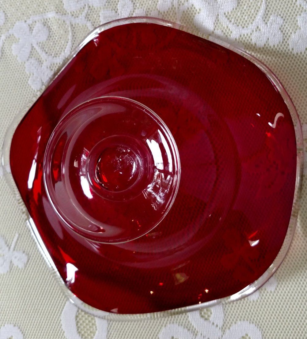 Vintage Art Glass - Ruby Red, Hand Blown, Scalloped, Pedestal Compote Bowl