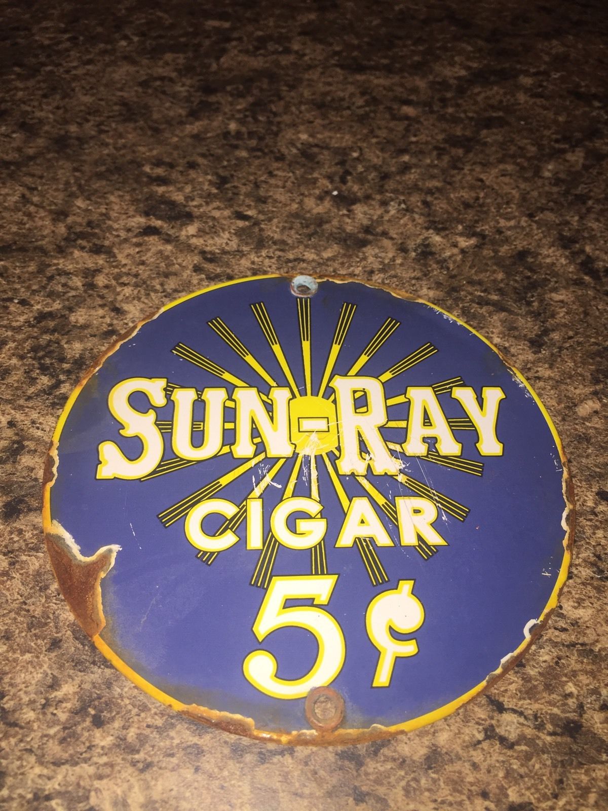 Vintage Sun Ray 5 Cent Cigars Steel Porcelain Sign Door Push Tobacco Gas Oil Car